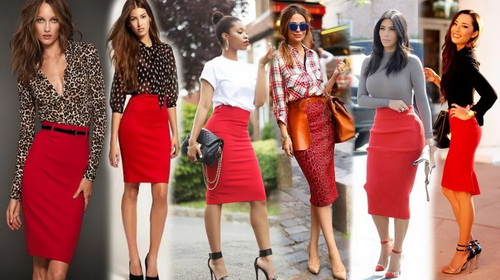 С чем носить красную юбку-карандаш?